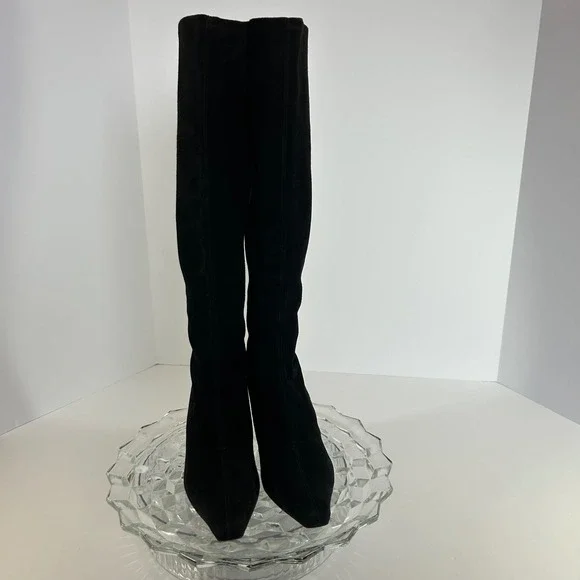 Stuart Weitzman Suede Leather Over the Knee Pull On‎ Boots Kitten Heel Black