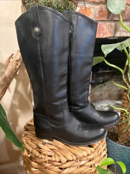 Frye Black Leather Knee-High Riding Boots with Button Accent