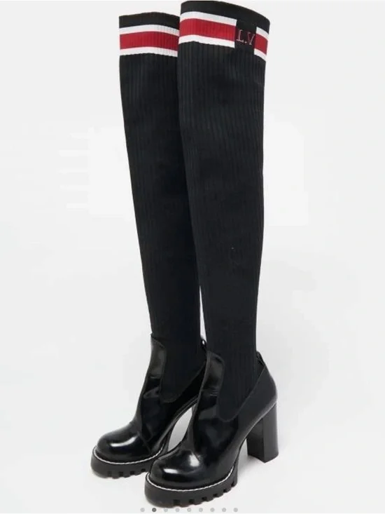 Louis Vuitton Black Over-the-Knee Platform Sock Boots with Red & White Cuff