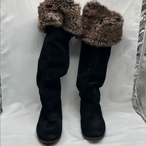 Sam Endelman Orlando Black Suede Faux Fur Fold Over Knee High Boots