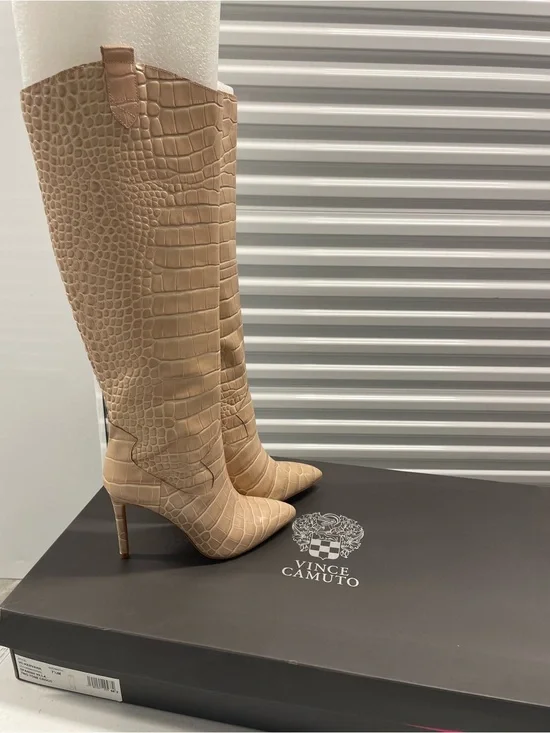 Vince Camuto Beige Croc-Embossed Over-the-Knee Pointed-Toe Stiletto Boots