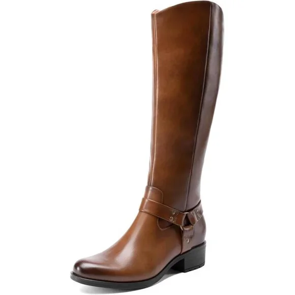 Women's Polyurethane Light Brown Buckle Side Zipper Squared Toe Knee High Boots