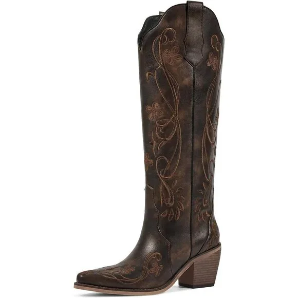 Women Faux Leather Vintage Brown Floral Embroidered Chunky Heel Pointed Toe Boot