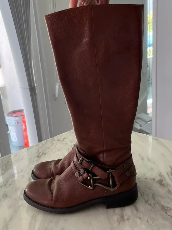 Gabor Chestnut Brown Leather Under-the-Knee Boots with Buckle Straps