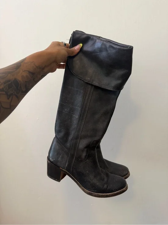 Frye Black Fold-Over Over-the-Knee Leather Boots