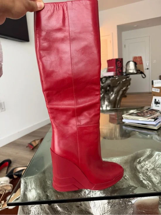 Prada Red Leather Over-the-Knee Wedge Boots