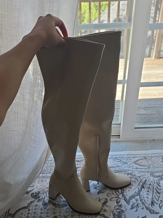 Over-the-Knee Cream Block Heel Boots - Sleek Women's Riding Style