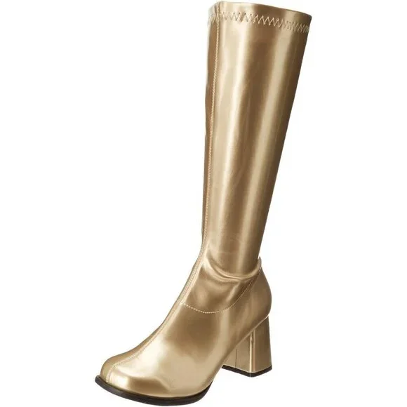 Women's Polyurethane Gold Gogo Knee High Peep-Toe Sling back Chunky Heels Boot