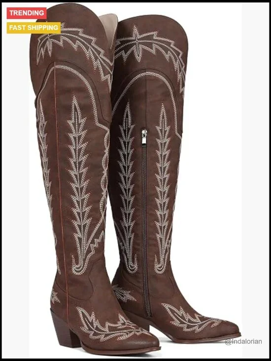 Thigh High Cowgirl Boots Embroidered Chunky Heel Side Zip Over the Knee Western