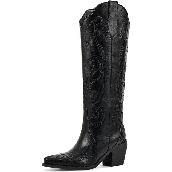 Women Faux Leather Classic Black Floral Embroidered Chunky Heel Pointed Toe Boot