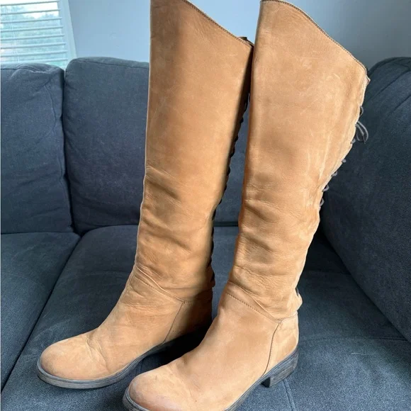 Sundance Tall Lace-Back Suede Boots in Tan