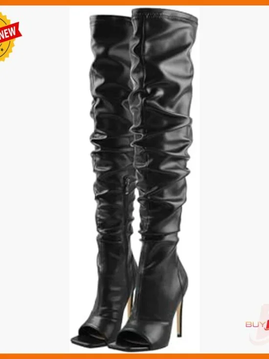 Stiletto Heel Over-the-Knee Boots with Zipper Closure and Rhinestone Lace-Up