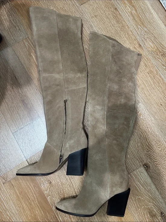 Dolce Vita Taupe Suede Over-the-Knee Block Heel Boots. Made in Brazil