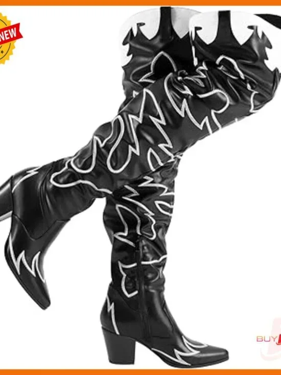 Women's Over the Knee Boots Slouchy Pointed Toe Embroidered Heeled
