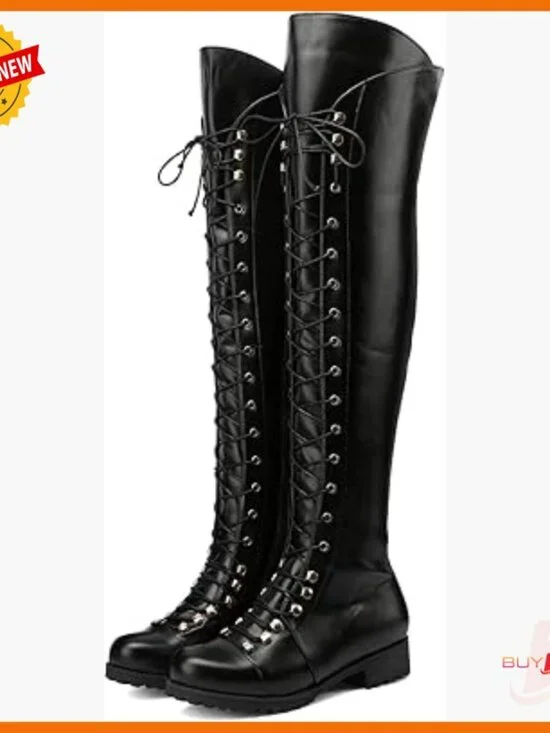 Over The Knee Flat Boots Lace-Up Riding Boots Synthetic Leather