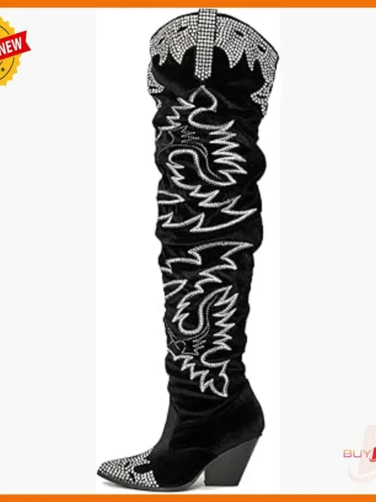 Thigh High Cowboy Boots Rhinestone Embroidered Wide Calf Slouchy Pull On