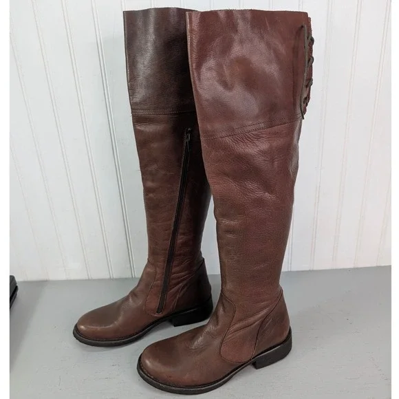 Steve Madden Omegaa Knee High Leather Boots‎ Womens Sz 8 Brown Lace Up Back Boho