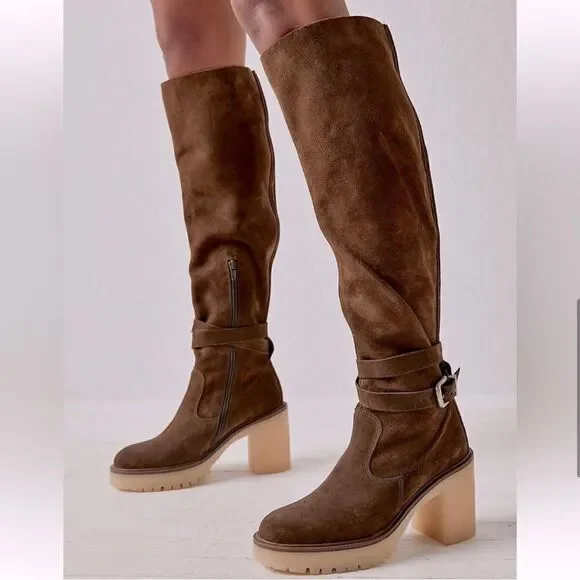 NWT Free People Suede James Chelsea Knee High Tall Brown Boots  Size 37.5 US 7.5