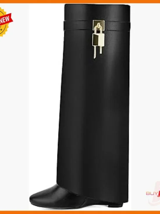 Knee High Boots Pointed Toe Wedge Heel Pull On Zipper Faux Leather