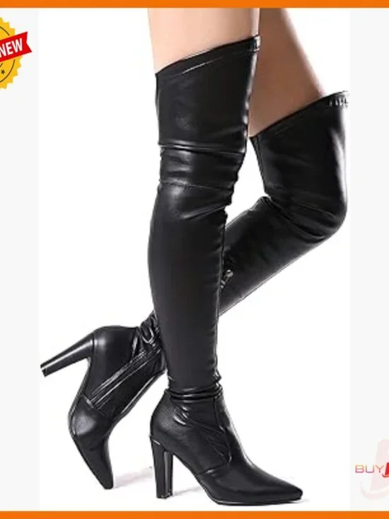 Stretch Suede Over The Knee Boots with Chunky 3.5 Inch Heel