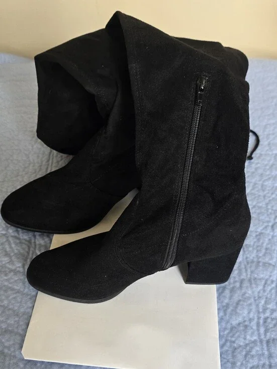 Black Suede Above Knee Block Heel Boots