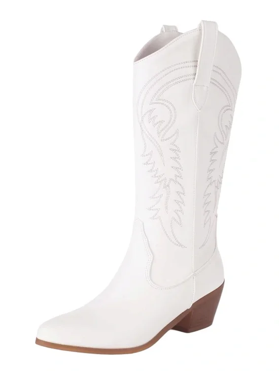 White Embroidered Western Cowboy Mid-Calf Boots Size 38