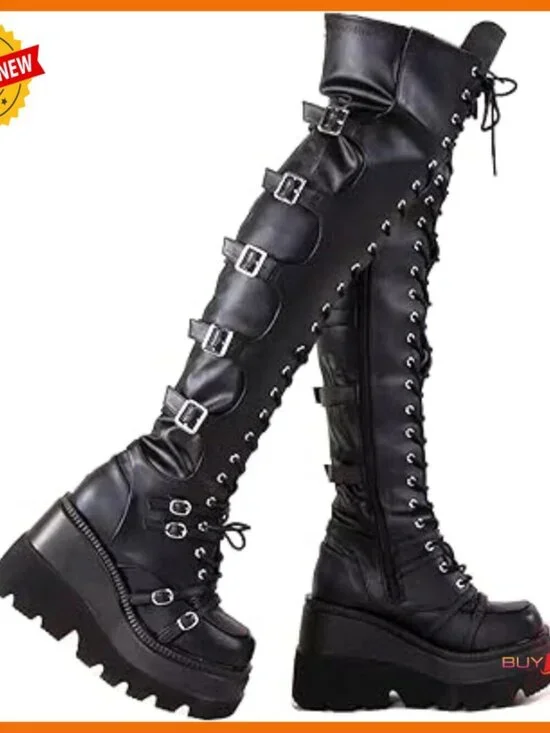 Platform Knee High Boots Chunky Heel Side Zip Buckle Lace Up Motorcycle Boots