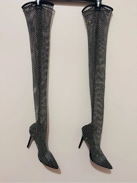 Black Fishnet Multicolored Crystal-Embellished Over-The-Knee Stiletto Boots