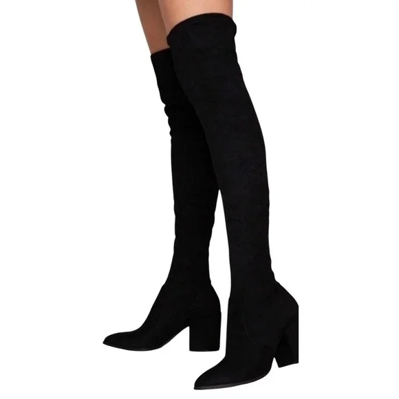 Steve Madden Tava Black Over‎ The Knee Block Heel Boots Pointed Toe 9.5M