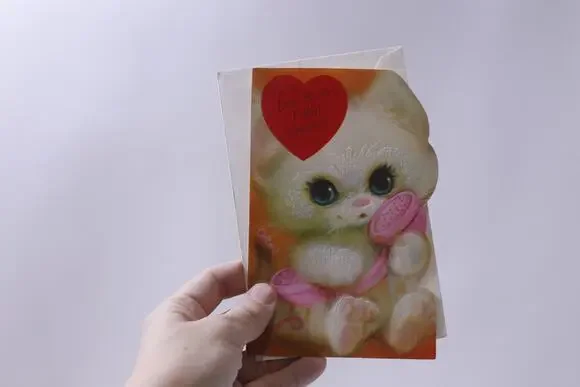 Unused, Valentine Card, Babies First, Fuzzy Kitten, Holding Telephone,  Greeting