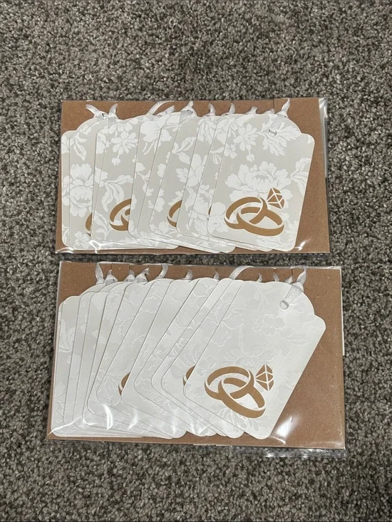 White Floral Wedding Favor Gift Tags with Gold Ring Accent (Set of 20)