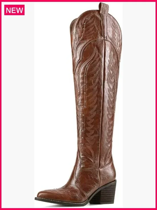 Over the Knee Embroidered Cowgirl Boots Wide Calf Chunky Heel Pointed Toe