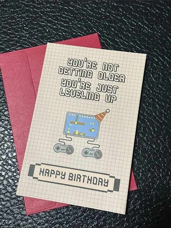 Retro Video Game Happy Birthday Card — Beige with Blue and Red Accents