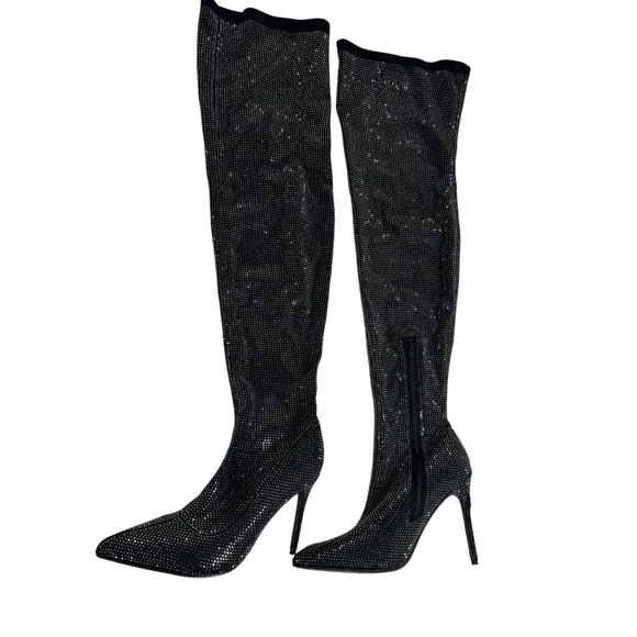 Unbranded Rhinestone Over The Knee Boots Womens 9 Black Stiletto Pointed Toe Zip