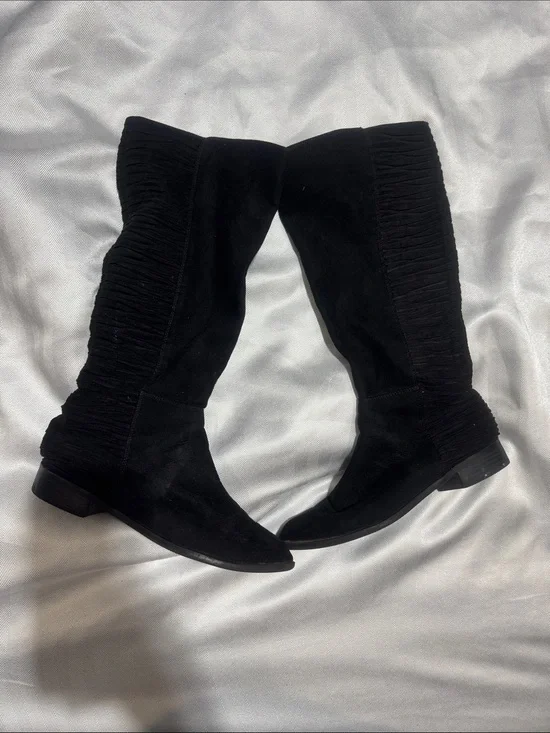 Kelly & Katie Black Suede Over-The-Knee Boots with Ruched Side Panels