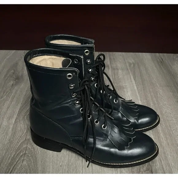 Vintage Justin Roper Kiltie Boots Navy‎ Blue Women's Size 5.5