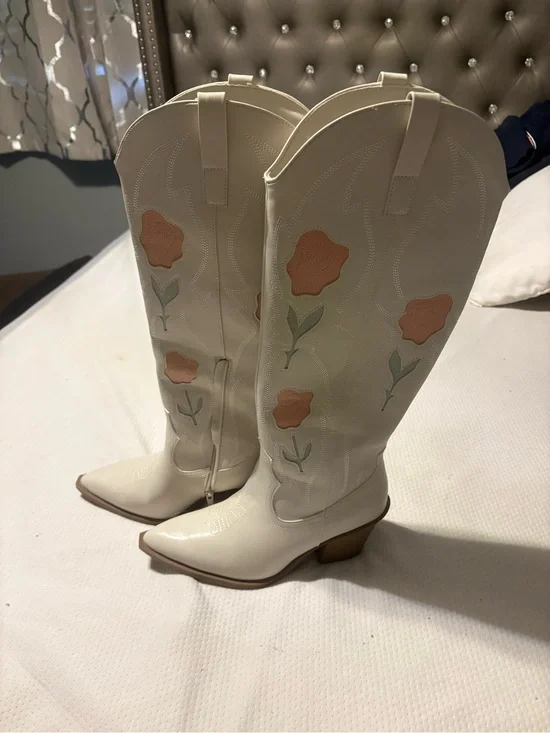 Target Cream Over-the-Knee Western Boots with Peach Floral Appliqués
