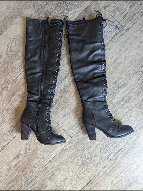 Forever Women's Camila-48 Black Lace-Up Over-the-Knee Heeled Boots