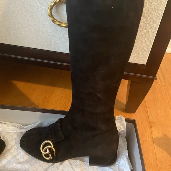 Gucci Black Suede Over-the-Knee Boots with Gold Double G Accent