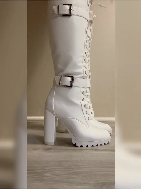 White Lace-Up Knee High Block Heel Boots - Women's