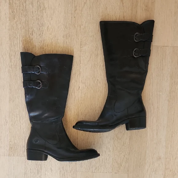 Born Berry Black Leather Knee-High Riding Boots 7 Buckle Winter Fall