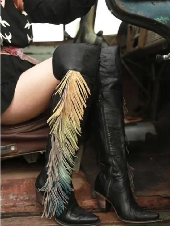 Junk Gypsy Spirit Animal Over-the-Knee Leather Boots with Ombré Fringe