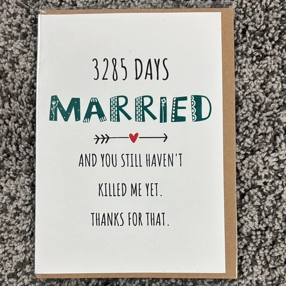 Humorous Anniversary Card with Teal and Black Text- 3285 Days (9 years)