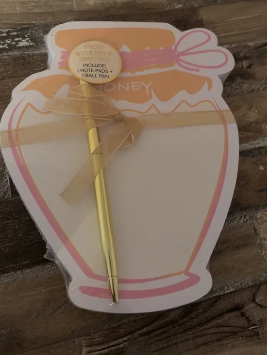 Honey Jar Sticky Note Pad with Gold Daisy Pen - Pink Accent