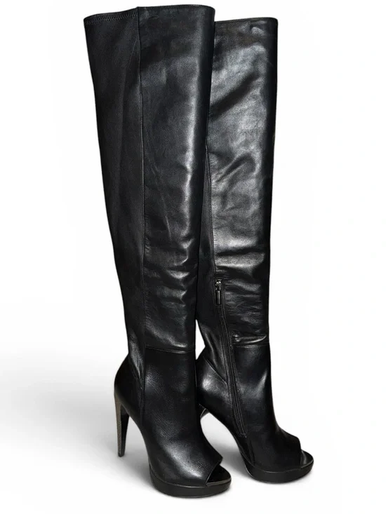 Herve Leger Nora metallic-studded heel Black Leather Over-the-Knee PeepToe Boots