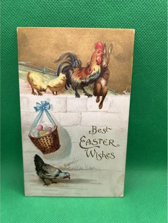 Vintage Easter Postcard with Rooster and Chicks Artwork =box5 -box5
