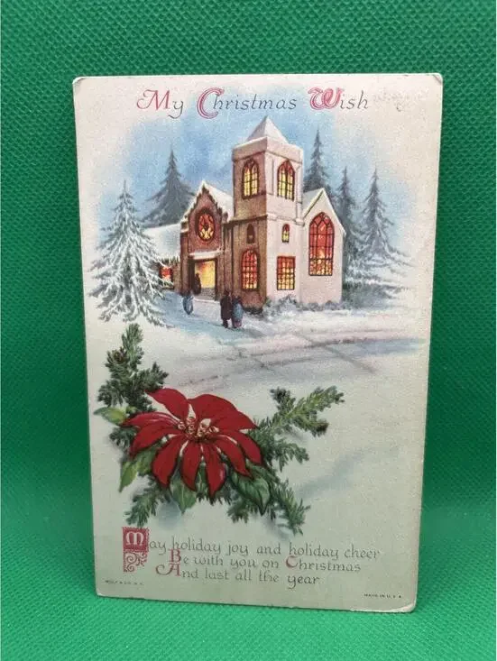 Vintage Christmas Postcard with Winter Church Scene and Poinsettia =box5 -box5