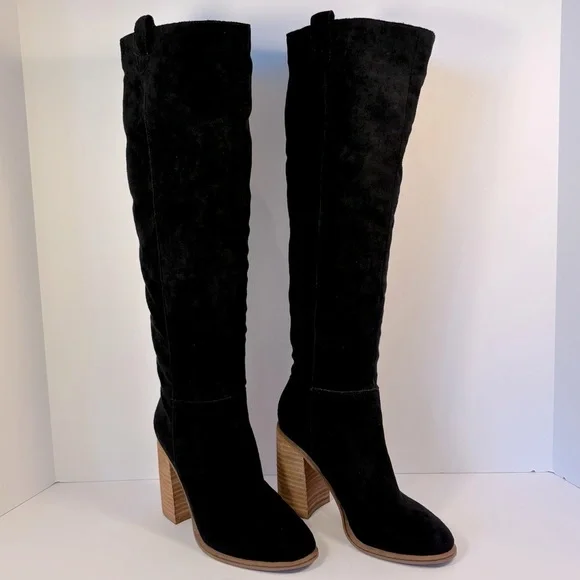 Tall Black Faux Suede Boot with Stacked 3.5”Heel Sz 6 Boho Festival Western