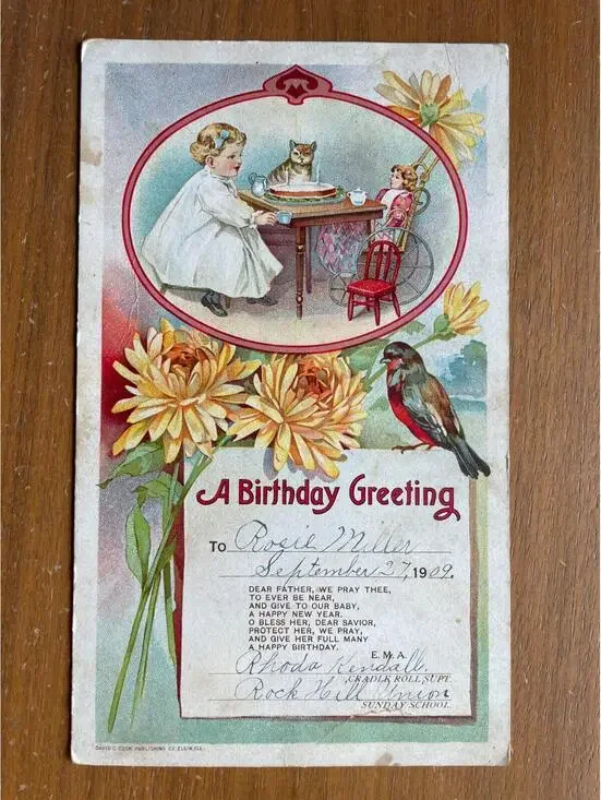 A Birthday Greeting Card Little Girl With Her Cat &Doll Tea Party Vintage 1909