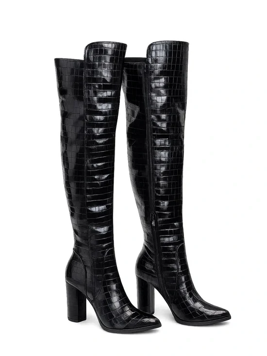 Black Croc Embossed Over the Knee Block Heel Boots Women’s Size 8.5